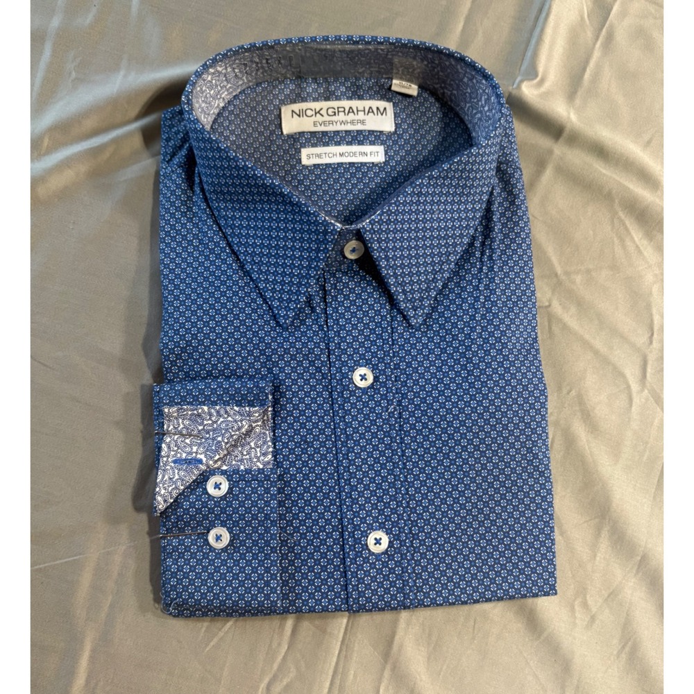 Nick Graham Everywhere Mens XL Blue Geometric Print Stretch Modern Fit Shirt